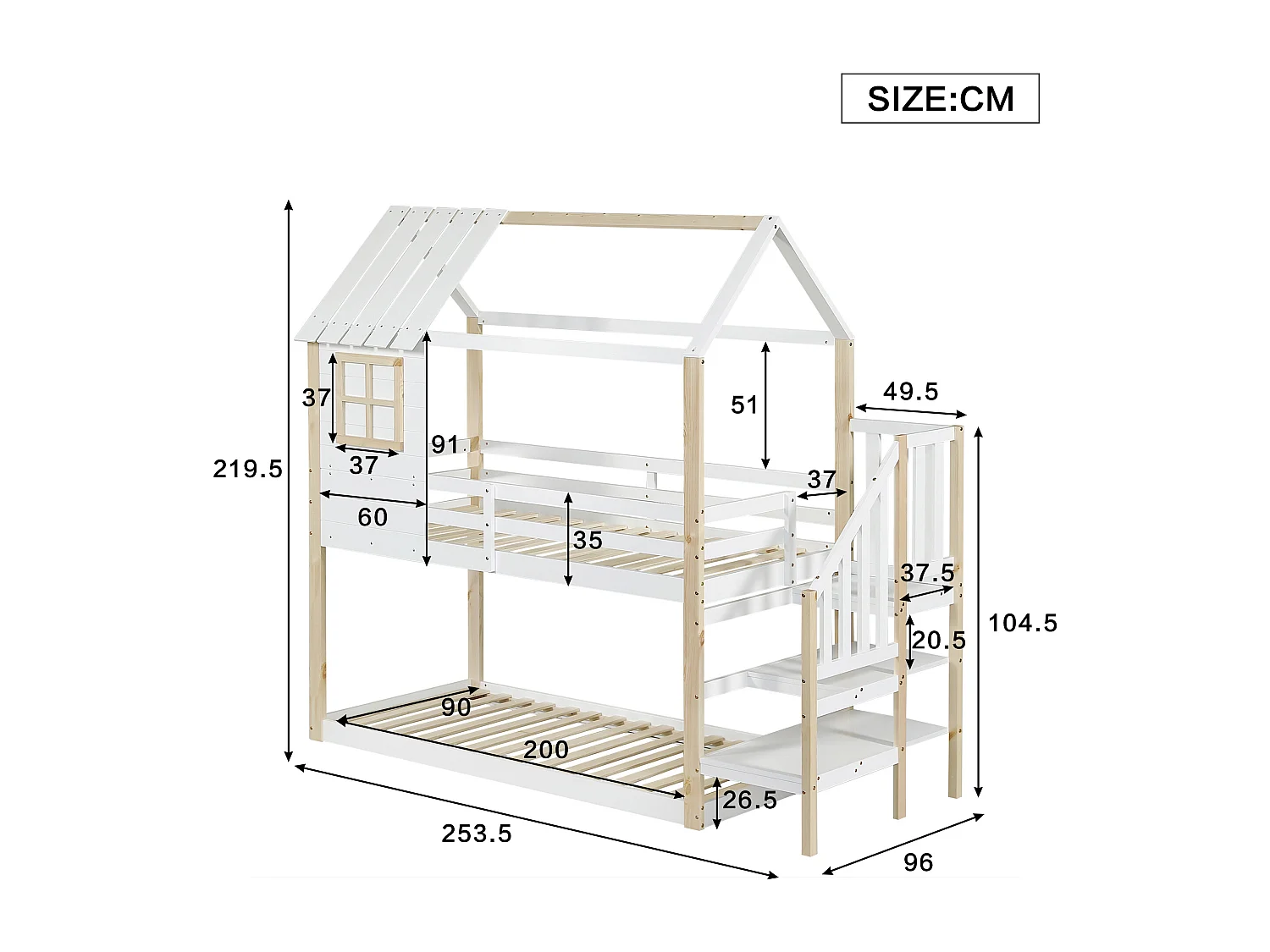 Lits superposés 2 x 90 x 200 cm avec escalier d'angle et fenêtre - pin - blanc + naturel