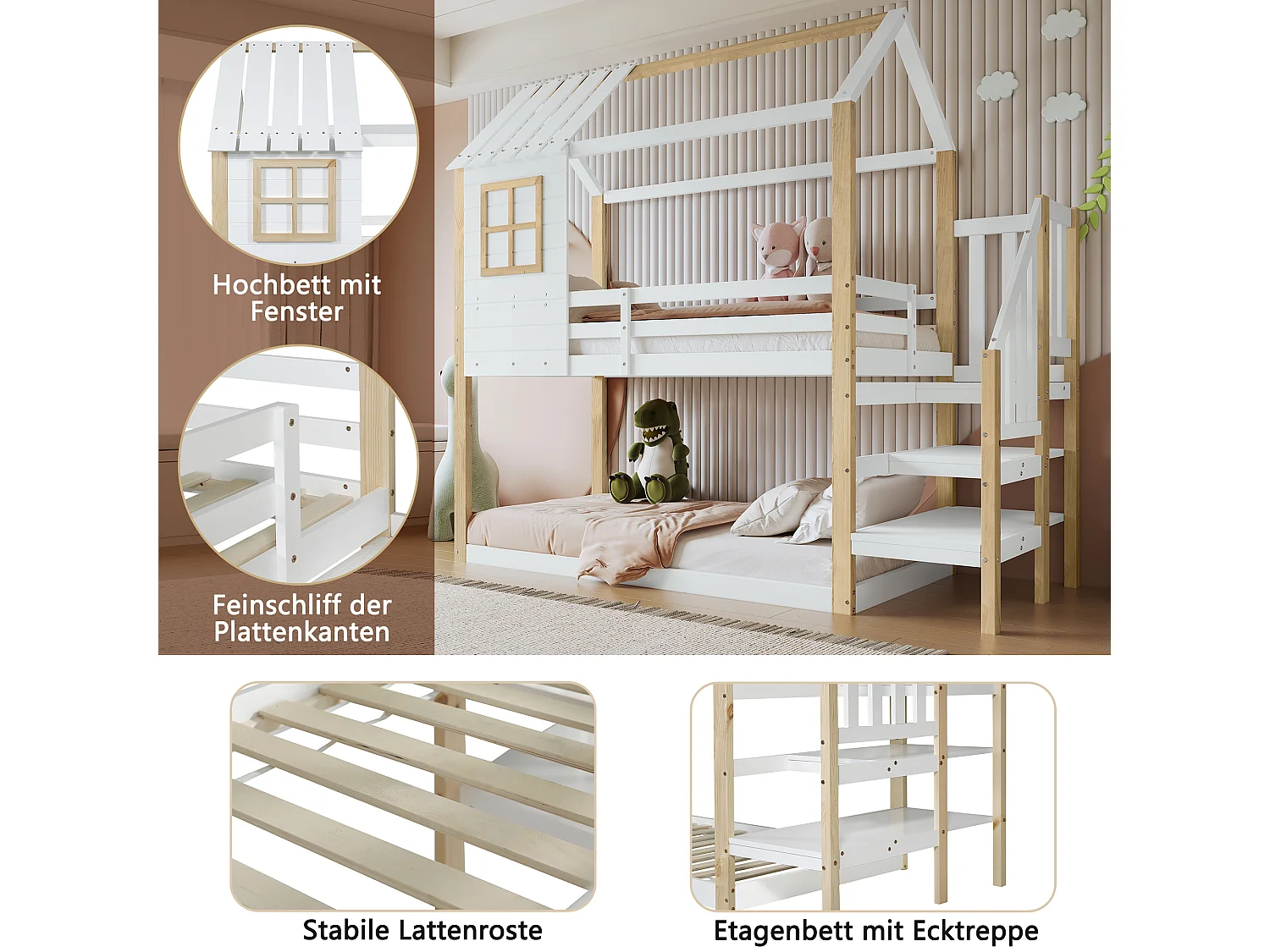 Lits superposés 2 x 90 x 200 cm avec escalier d'angle et fenêtre - pin - blanc + naturel