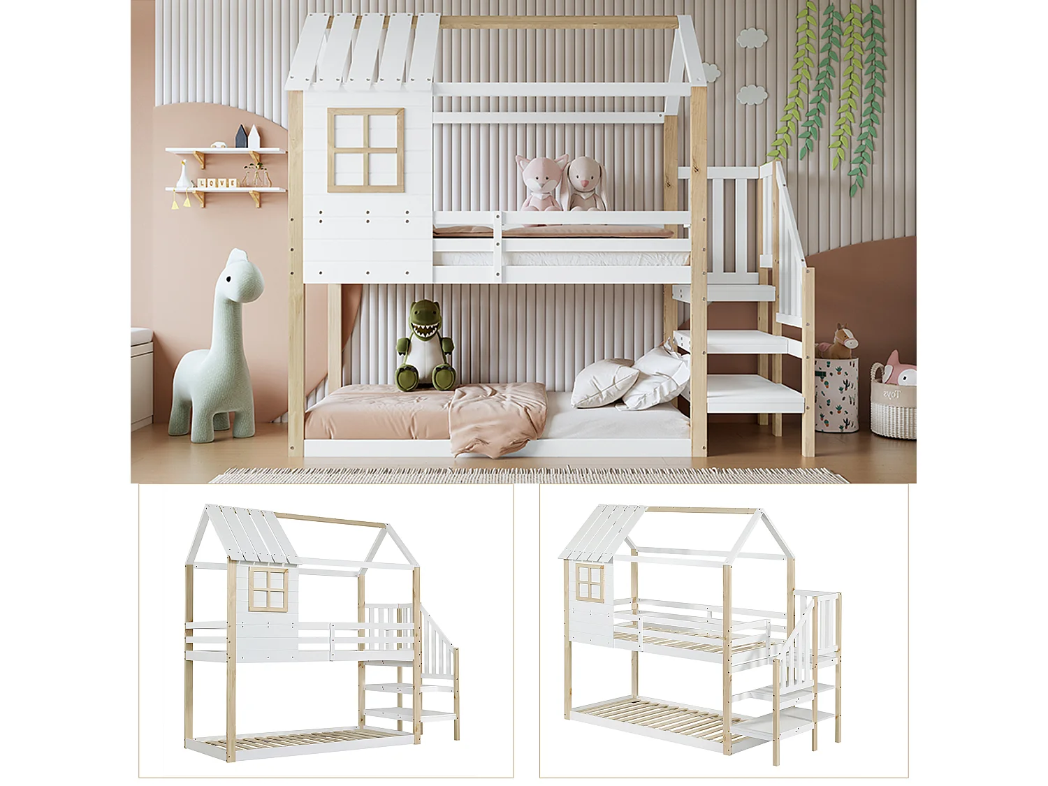 Lits superposés 2 x 90 x 200 cm avec escalier d'angle et fenêtre - pin - blanc + naturel