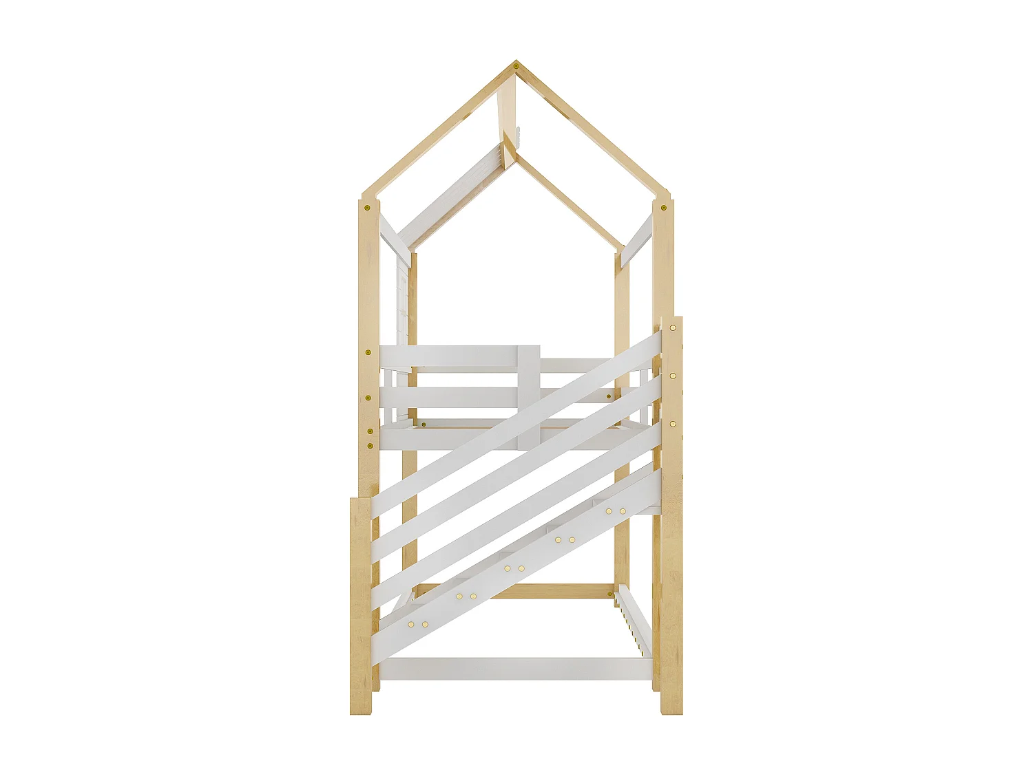 Lits superposés 2 x 90 x 200 cm avec escalier d'angle et fenêtre - pin - blanc + naturel