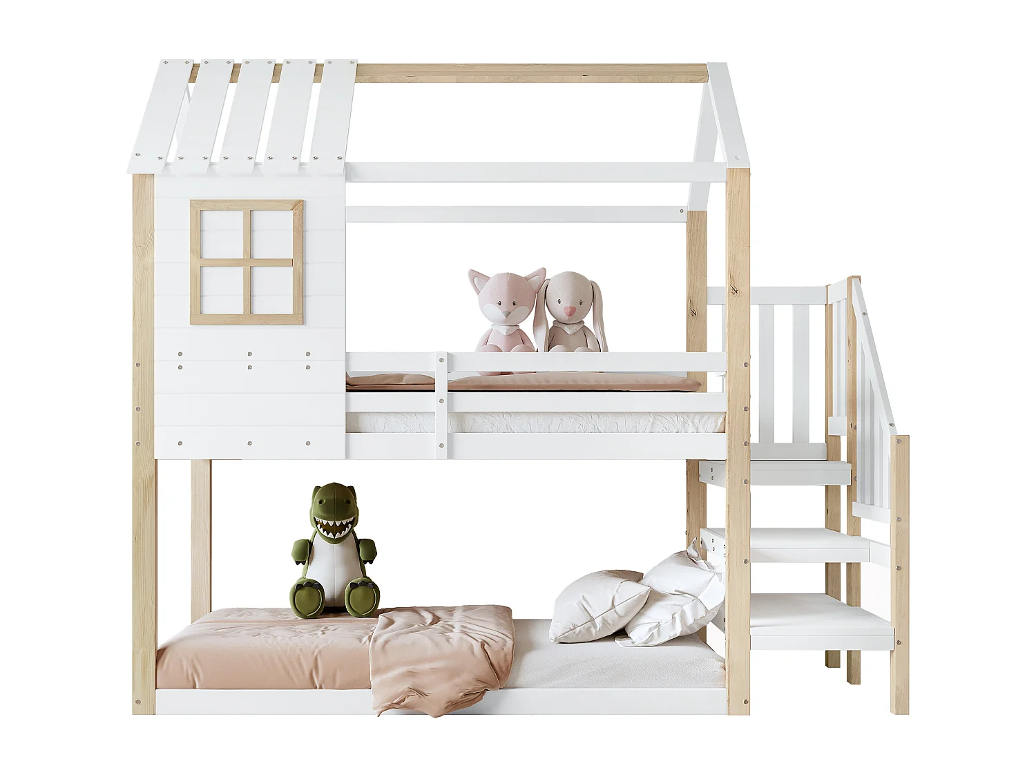 Lits superposés 2 x 90 x 200 cm avec escalier d'angle et fenêtre - pin - blanc + naturel