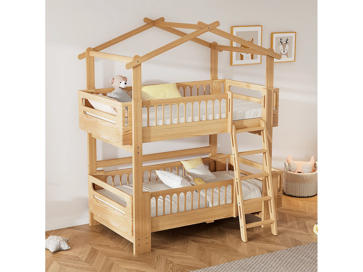 Beliches 2 x 90 x 200 cm com escada basculante de 4 níveis e telhado - madeira de pinho - cor natural