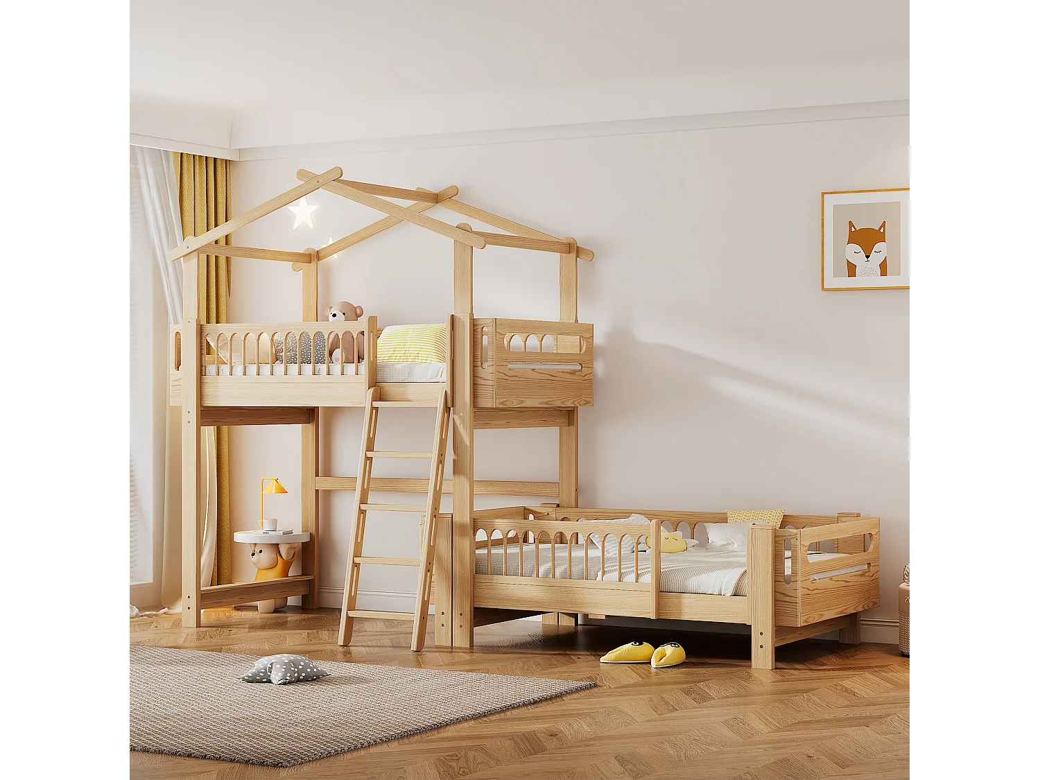 Beliches 2 x 90 x 200 cm com escada basculante de 4 níveis e telhado - madeira de pinho - cor natural