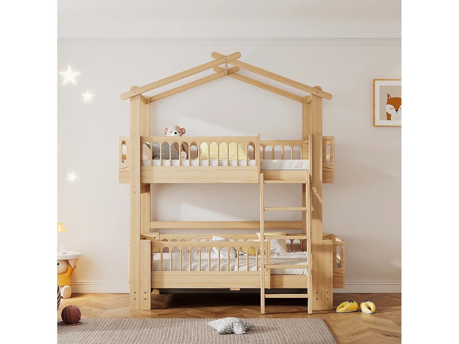 Beliches 2 x 90 x 200 cm com escada basculante de 4 níveis e telhado - madeira de pinho - cor natural