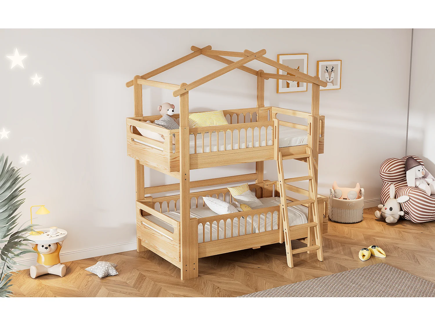 Beliches 2 x 90 x 200 cm com escada basculante de 4 níveis e telhado - madeira de pinho - cor natural