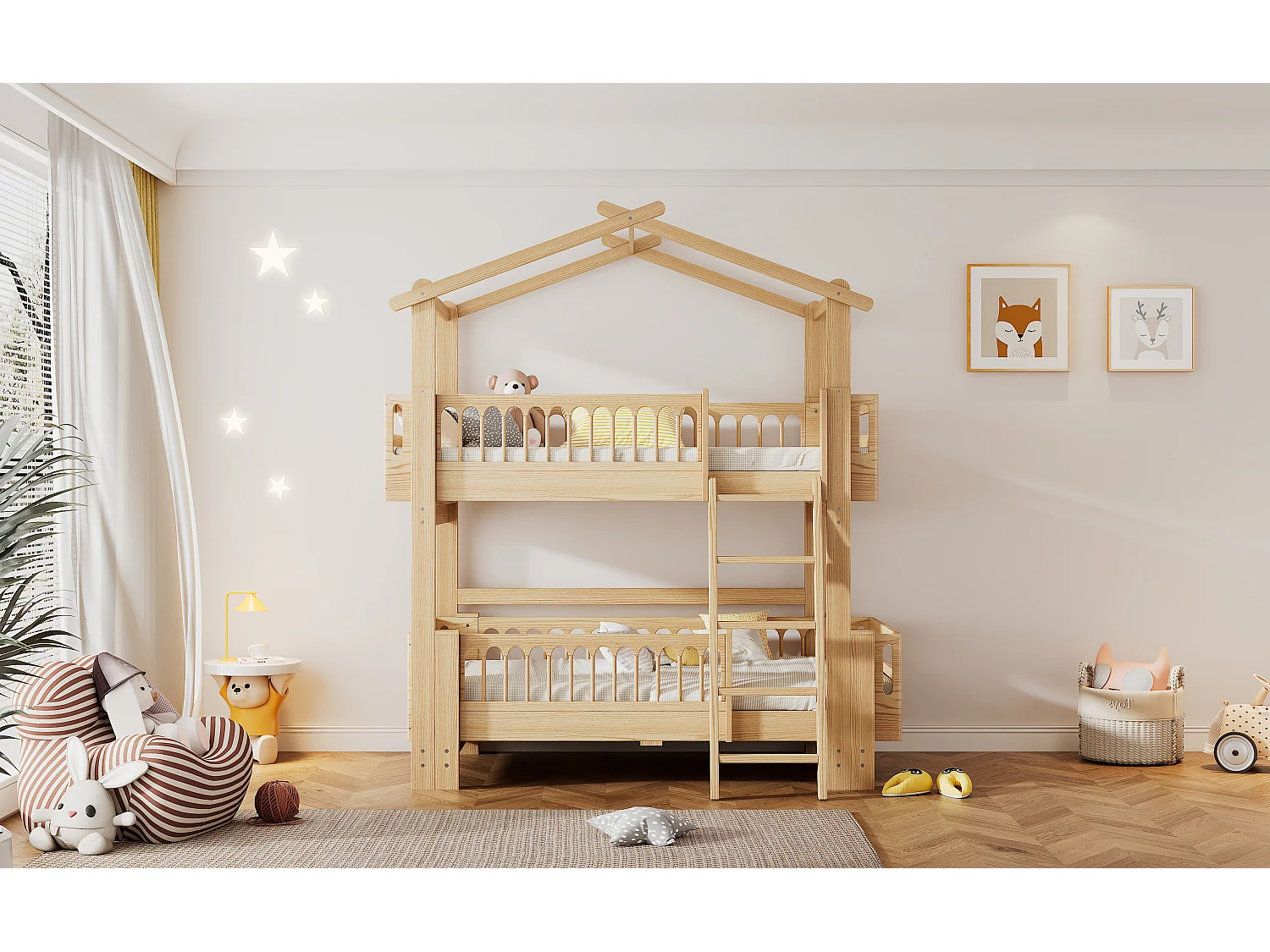 Beliches 2 x 90 x 200 cm com escada basculante de 4 níveis e telhado - madeira de pinho - cor natural