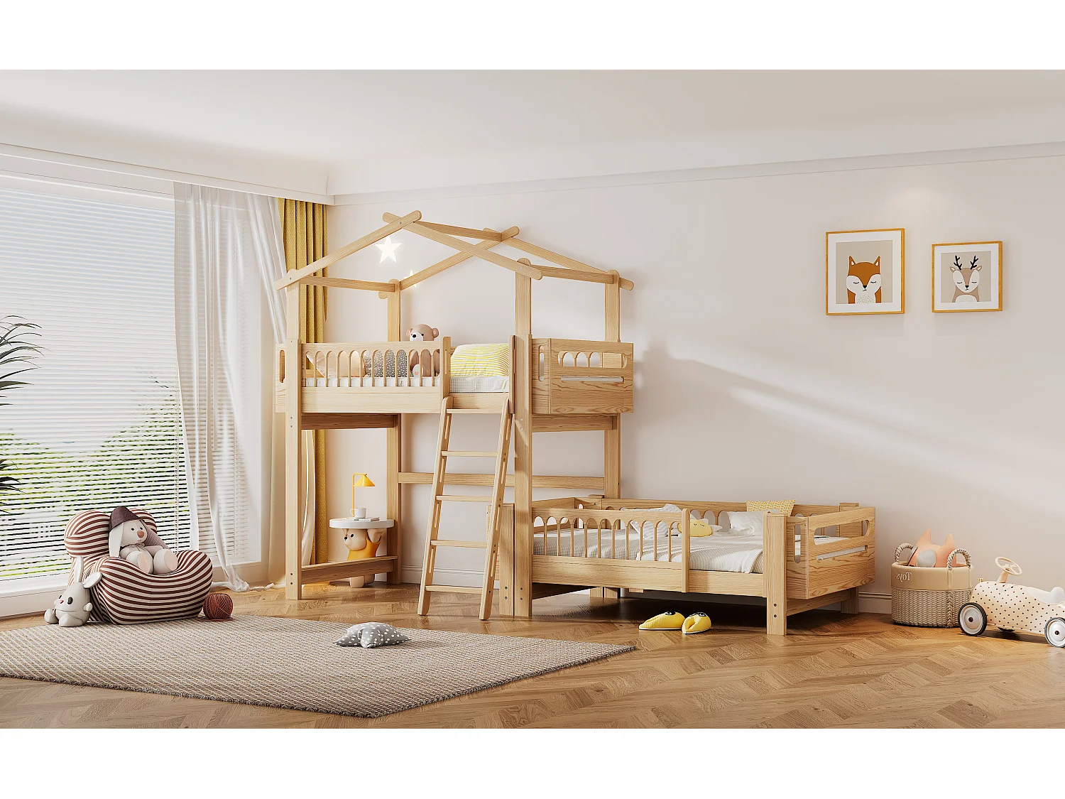 Beliches 2 x 90 x 200 cm com escada basculante de 4 níveis e telhado - madeira de pinho - cor natural