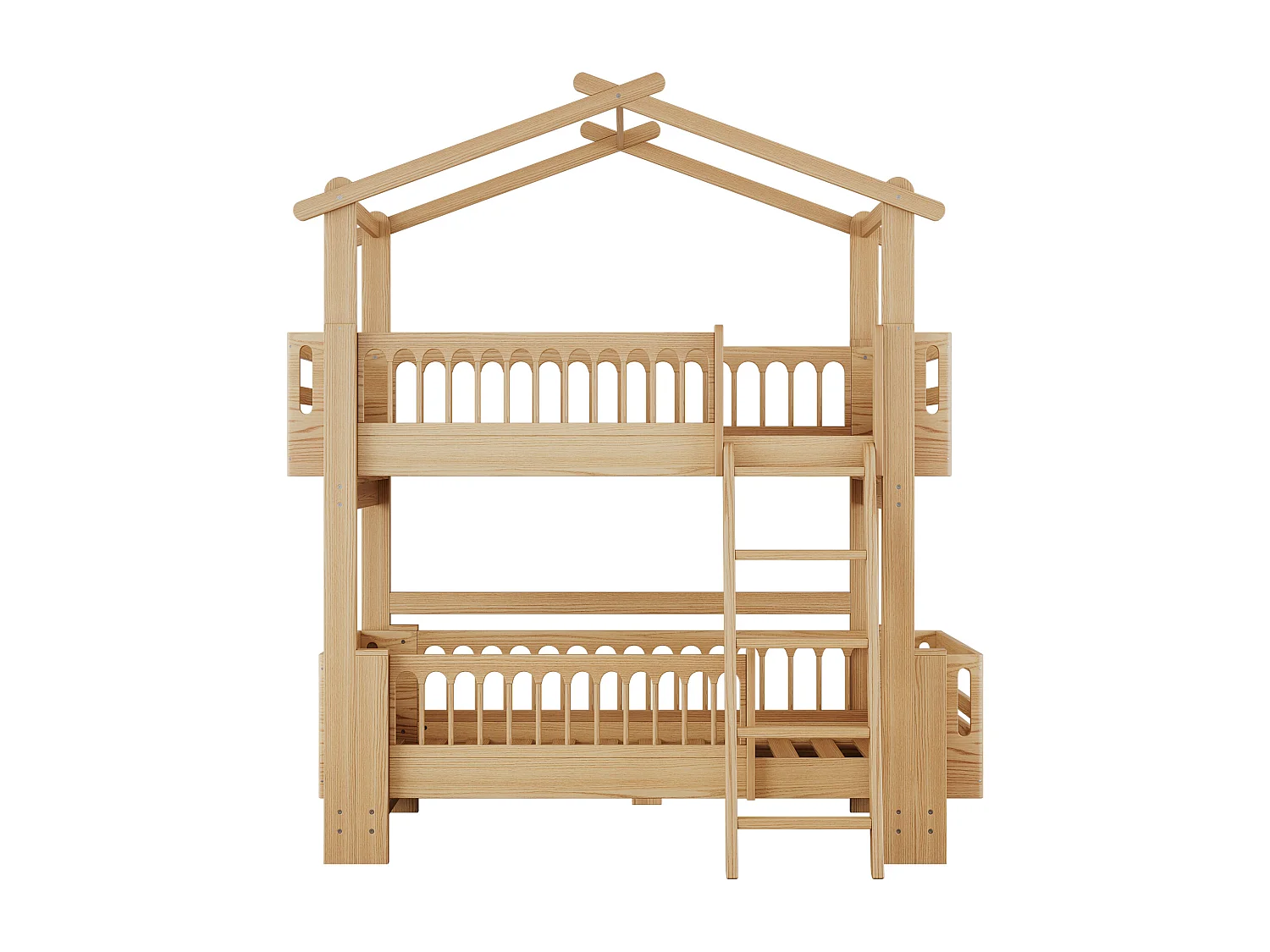 Beliches 2 x 90 x 200 cm com escada basculante de 4 níveis e telhado - madeira de pinho - cor natural