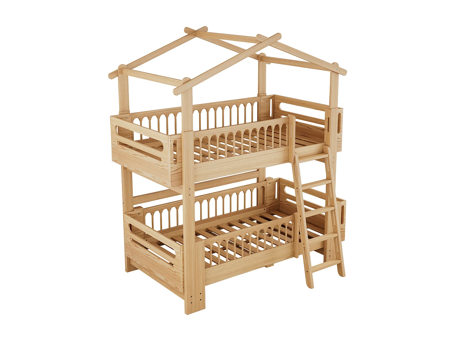 Beliches 2 x 90 x 200 cm com escada basculante de 4 níveis e telhado - madeira de pinho - cor natural