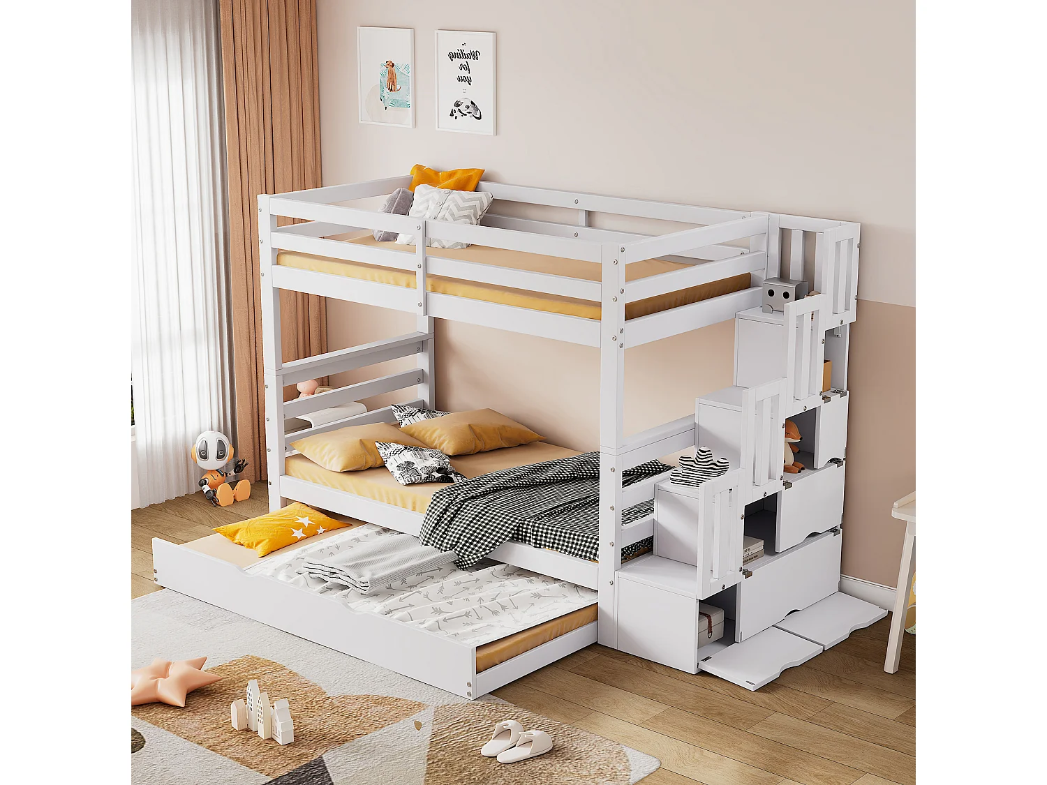 Lits superposés 2 x 90 x 200 cm + lit gigogne 90 x 190 cm - échelle avec rangement latéral - pin + MDF - coloris blanc