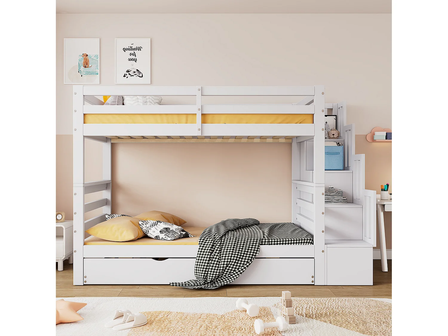 Lits superposés 2 x 90 x 200 cm + lit gigogne 90 x 190 cm - échelle avec rangement latéral - pin + MDF - coloris blanc