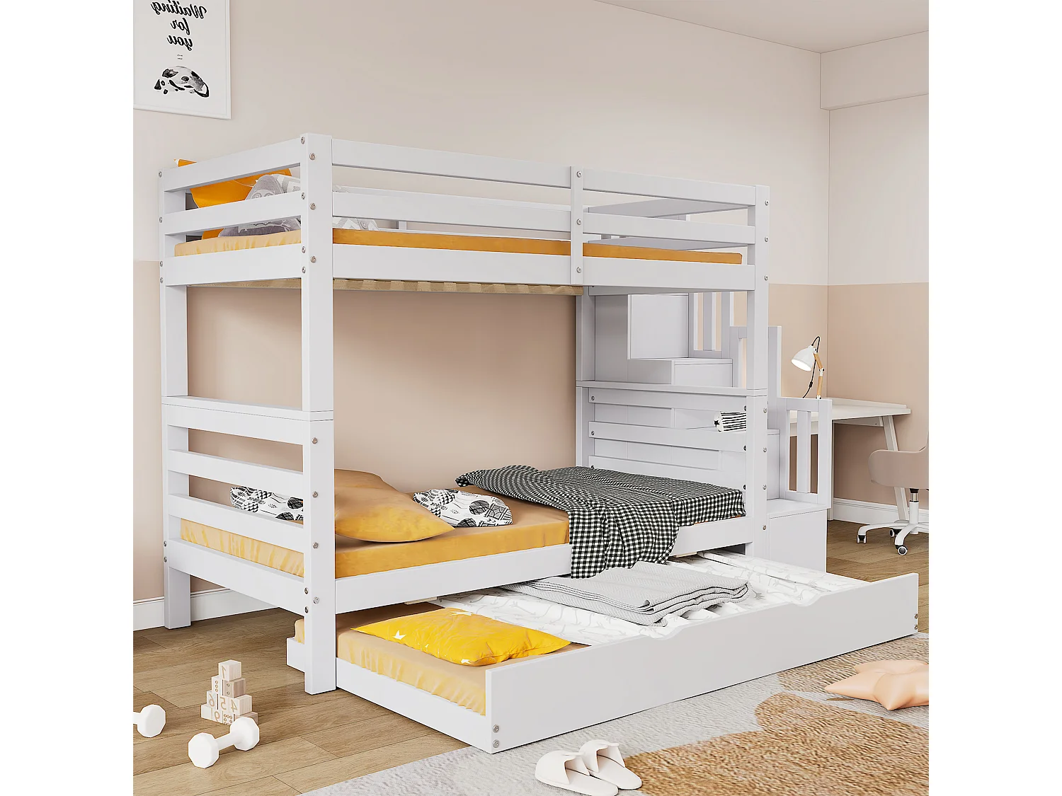 Lits superposés 2 x 90 x 200 cm + lit gigogne 90 x 190 cm - échelle avec rangement latéral - pin + MDF - coloris blanc