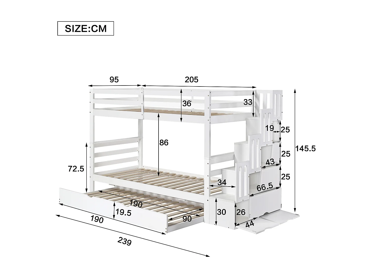 Lits superposés 2 x 90 x 200 cm + lit gigogne 90 x 190 cm - échelle avec rangement latéral - pin + MDF - coloris blanc