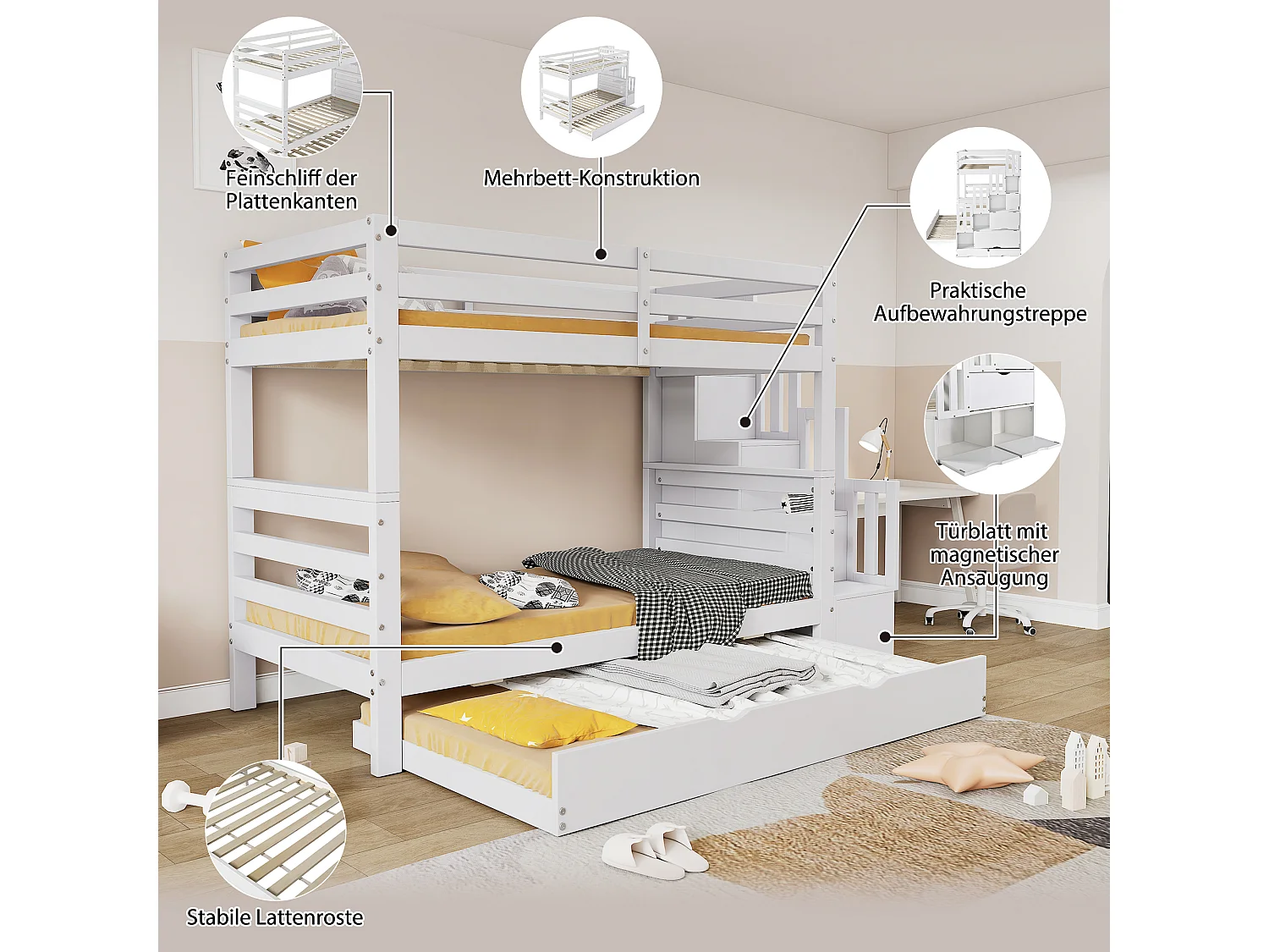 Lits superposés 2 x 90 x 200 cm + lit gigogne 90 x 190 cm - échelle avec rangement latéral - pin + MDF - coloris blanc