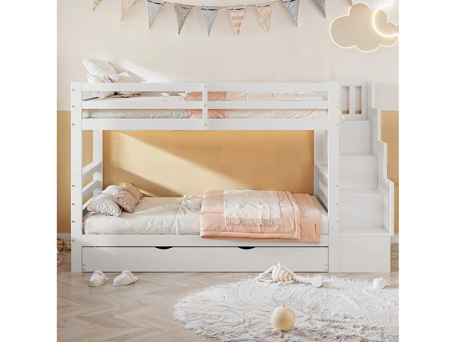 Lits superposés 2 x 90 x 200 cm + lit gigogne 90 x 190 cm - échelle avec rangement latéral - pin + MDF - coloris blanc