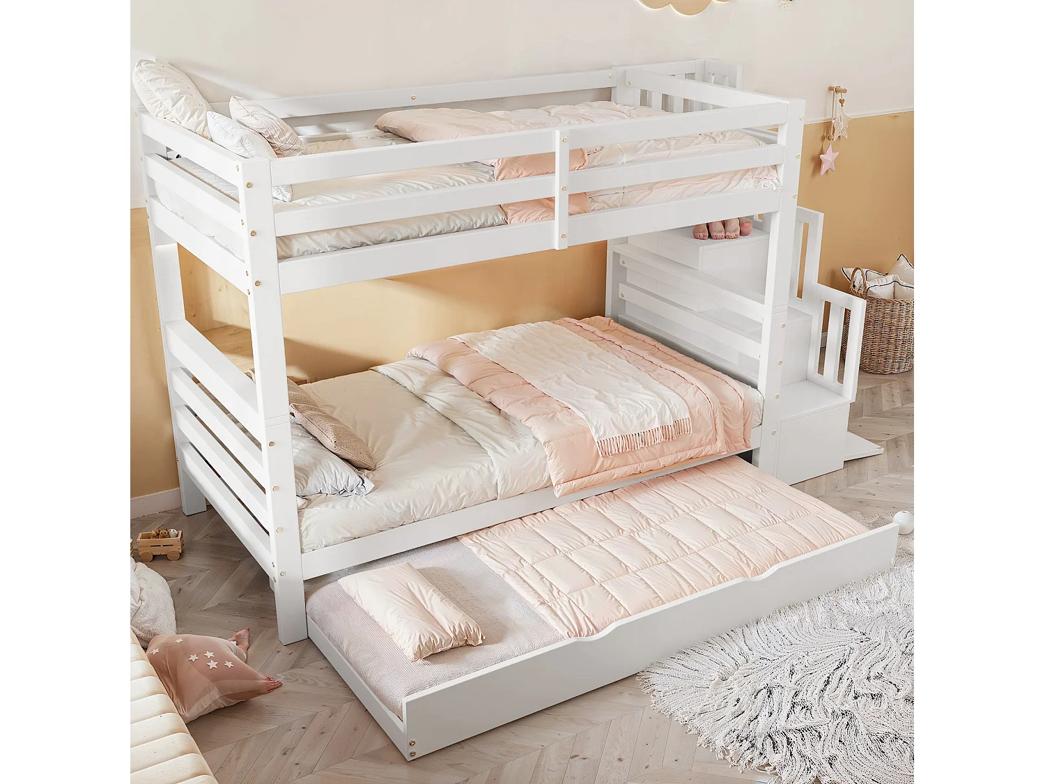 Lits superposés 2 x 90 x 200 cm + lit gigogne 90 x 190 cm - échelle avec rangement latéral - pin + MDF - coloris blanc