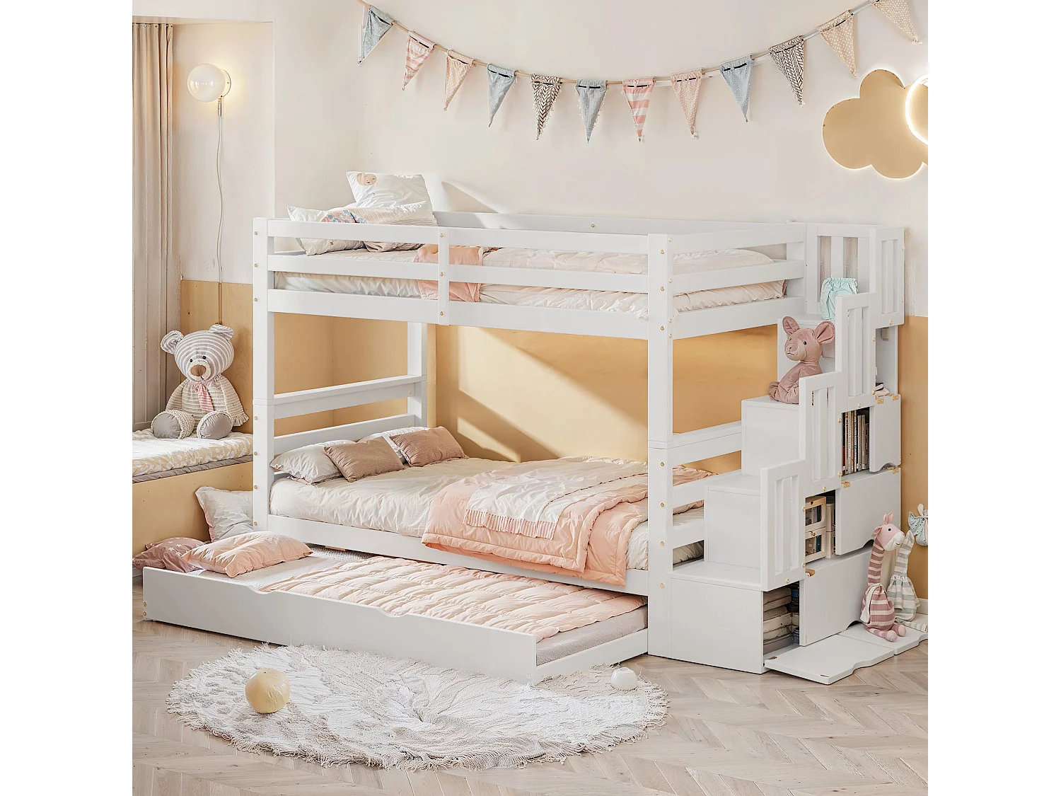 Lits superposés 2 x 90 x 200 cm + lit gigogne 90 x 190 cm - échelle avec rangement latéral - pin + MDF - coloris blanc