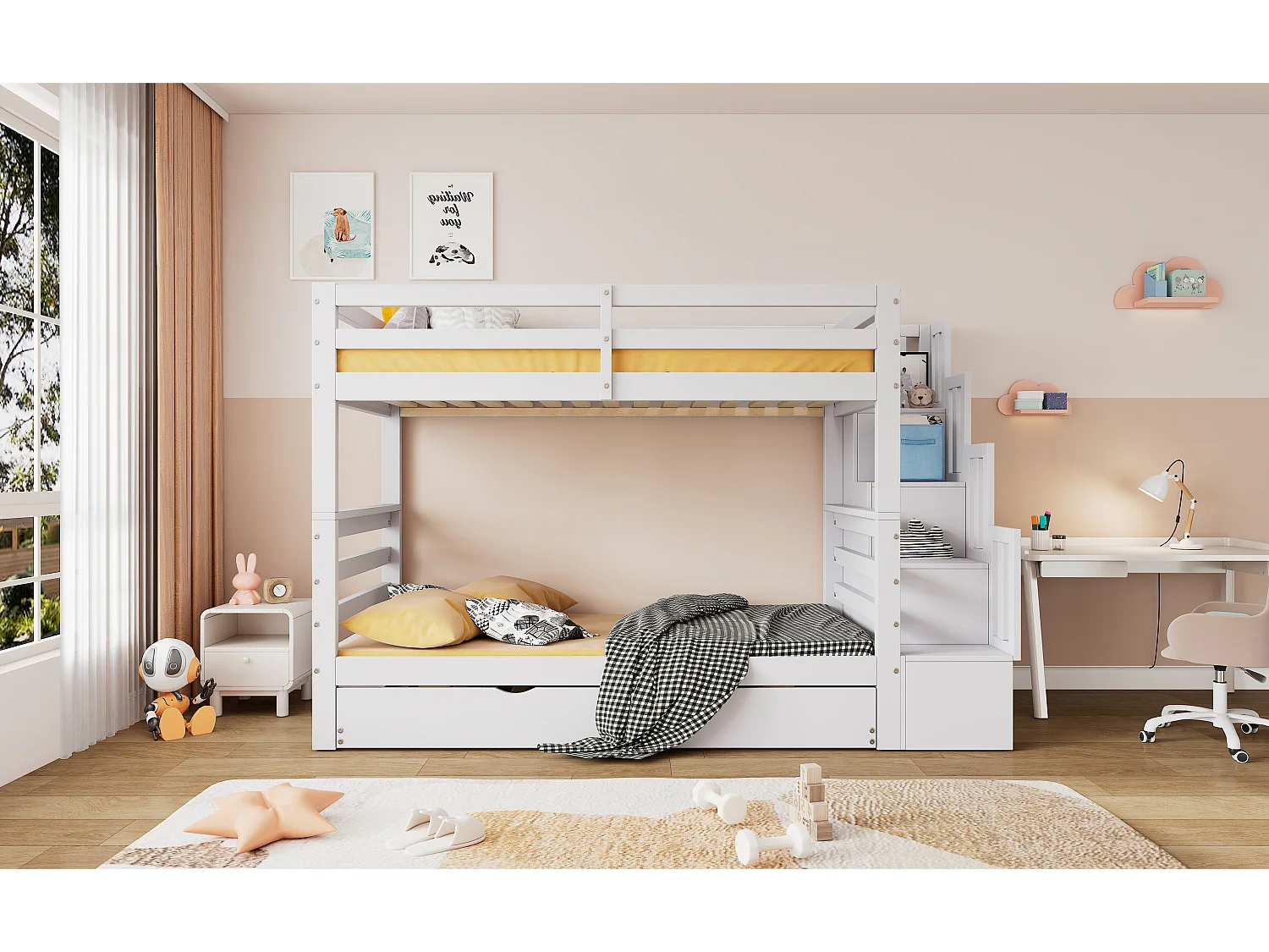 Lits superposés 2 x 90 x 200 cm + lit gigogne 90 x 190 cm - échelle avec rangement latéral - pin + MDF - coloris blanc
