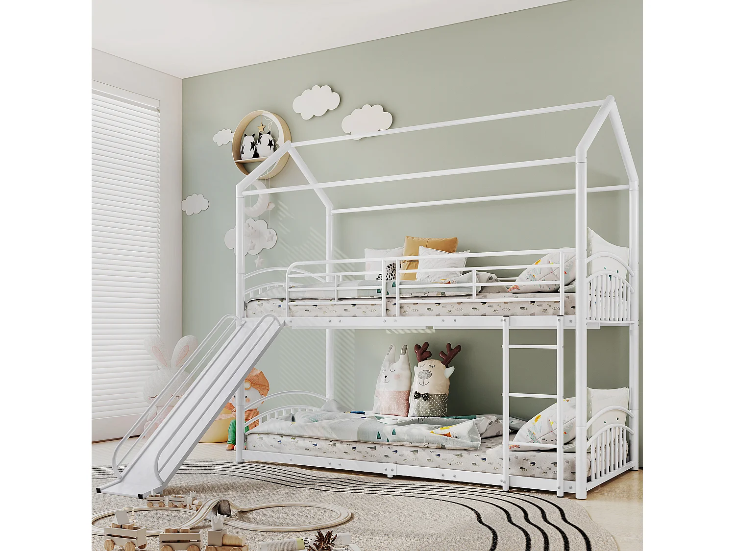 Lits superposés séparables 2 x 90 x 200 cm avec toboggan et échelle, structure en métal, blanc