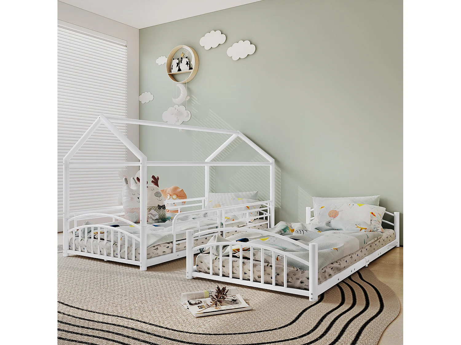 Lits superposés séparables 2 x 90 x 200 cm avec toboggan et échelle, structure en métal, blanc