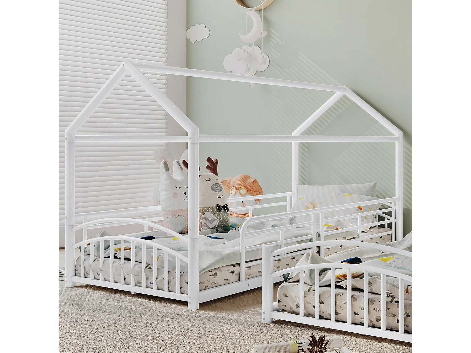 Lits superposés séparables 2 x 90 x 200 cm avec toboggan et échelle, structure en métal, blanc