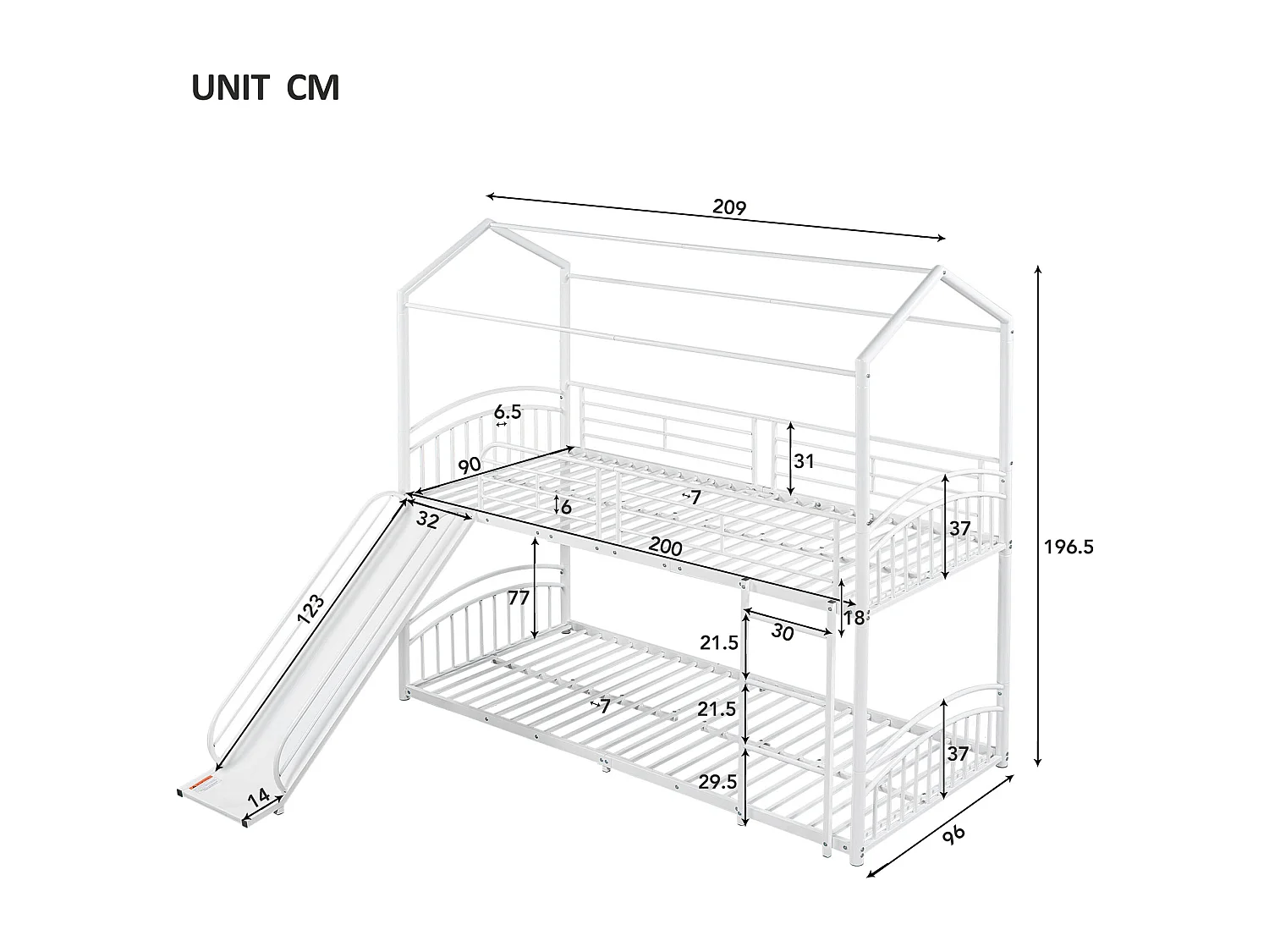 Lits superposés séparables 2 x 90 x 200 cm avec toboggan et échelle, structure en métal, blanc