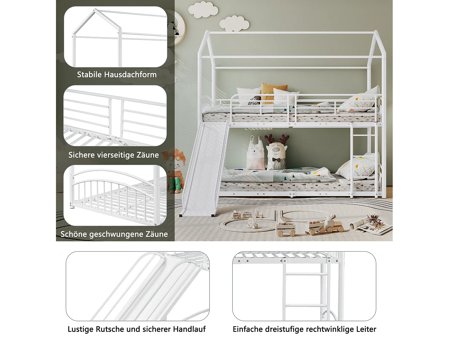 Lits superposés séparables 2 x 90 x 200 cm avec toboggan et échelle, structure en métal, blanc