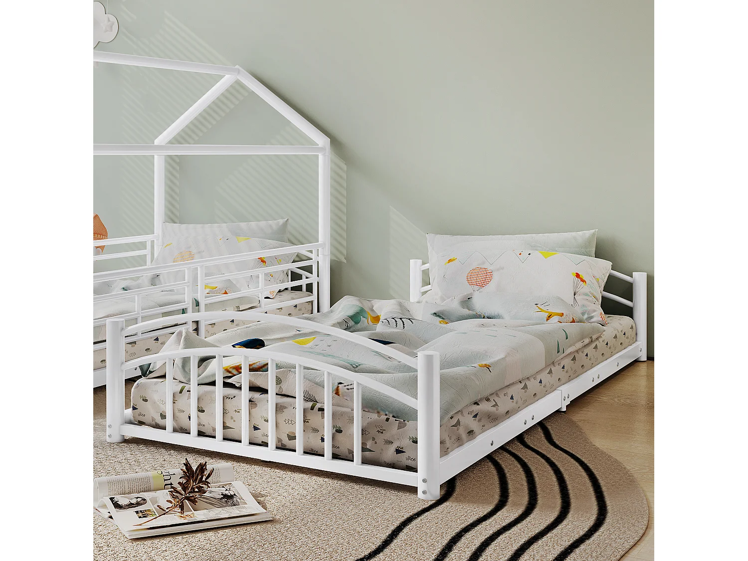 Lits superposés séparables 2 x 90 x 200 cm avec toboggan et échelle, structure en métal, blanc