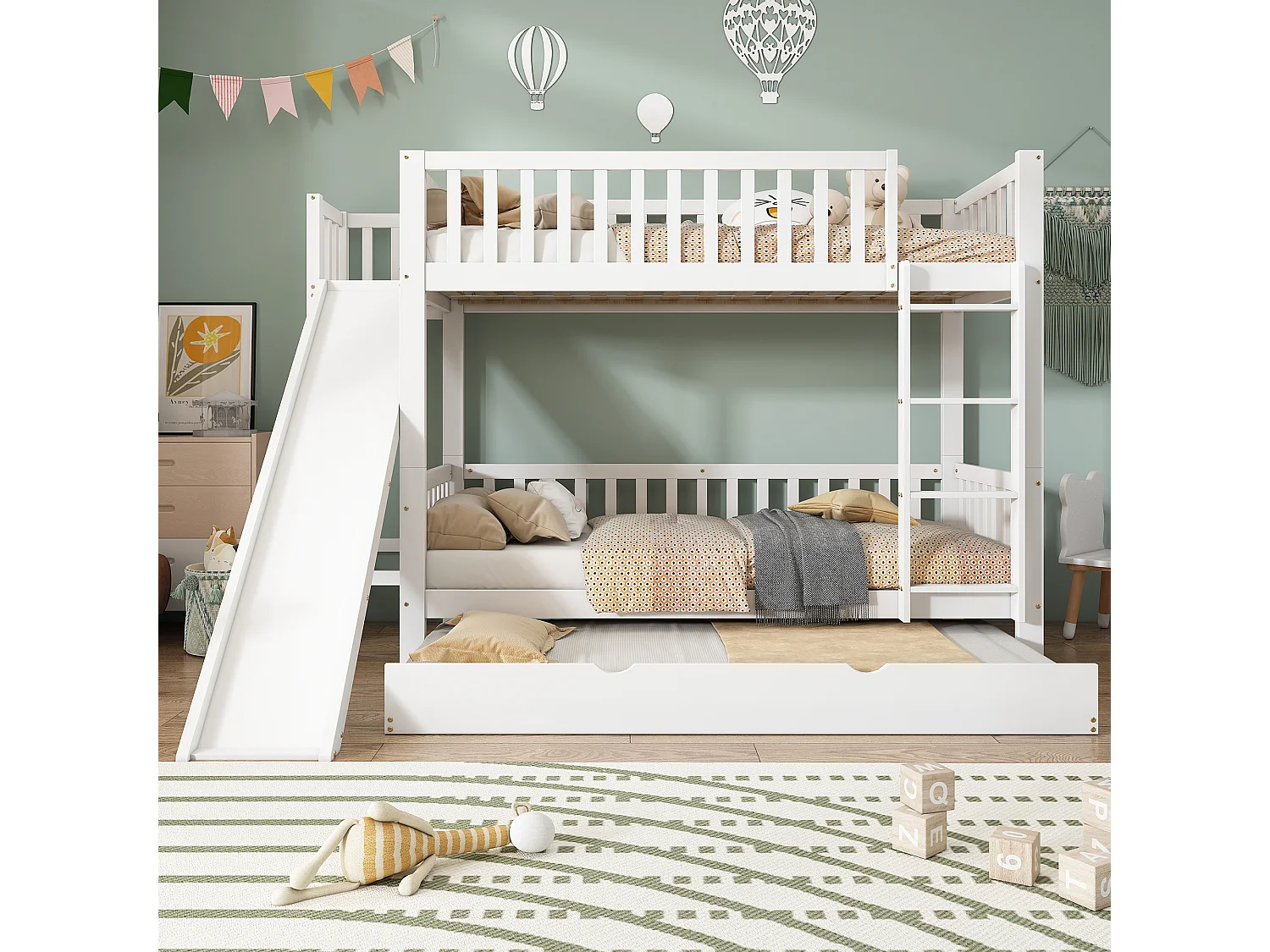 Letti a castello 2 x 90 x 200 cm + letto estraibile 90 x 190 cm - scivolo e ripiani - pino + MDF - colore bianco