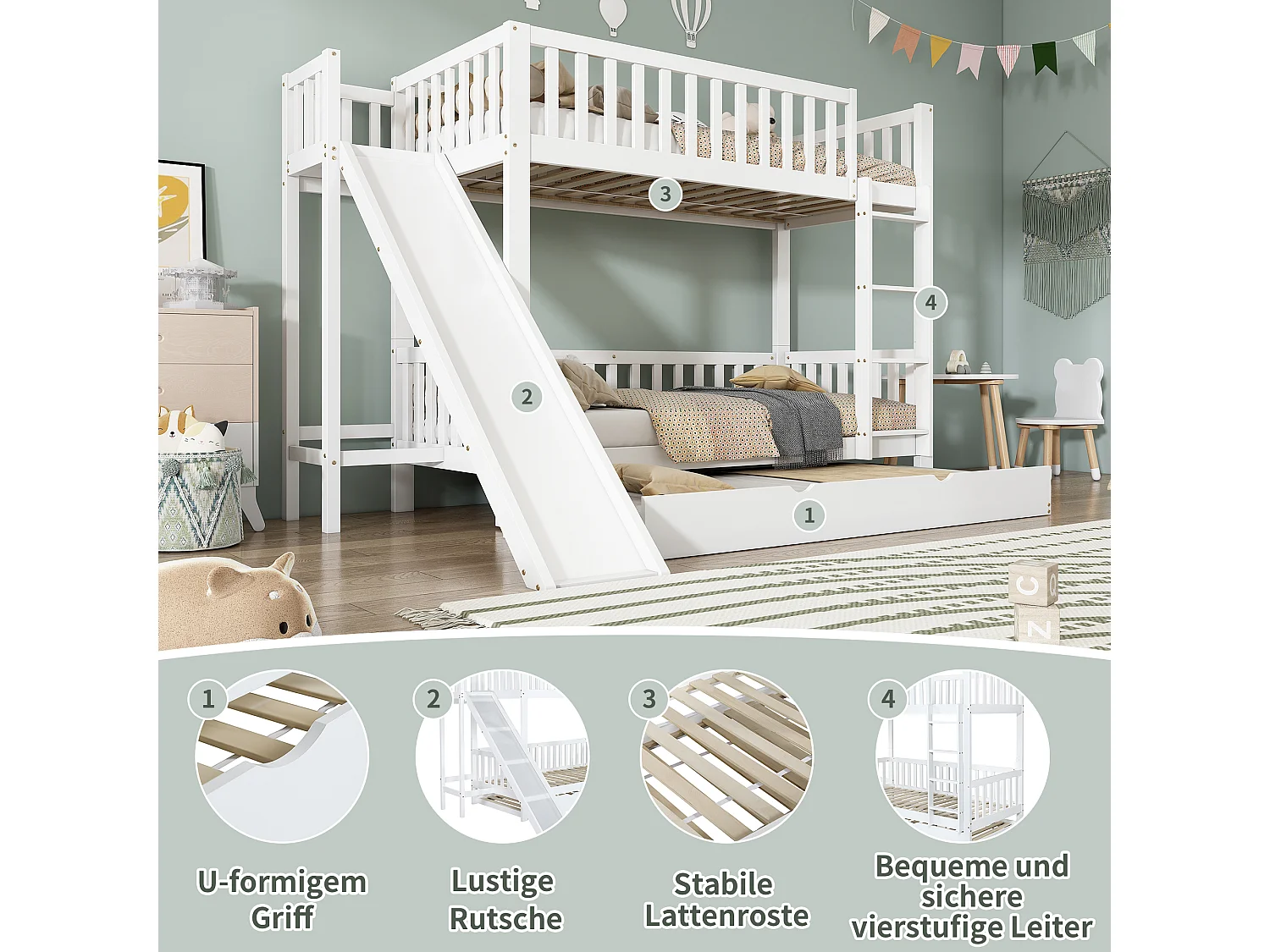 Letti a castello 2 x 90 x 200 cm + letto estraibile 90 x 190 cm - scivolo e ripiani - pino + MDF - colore bianco
