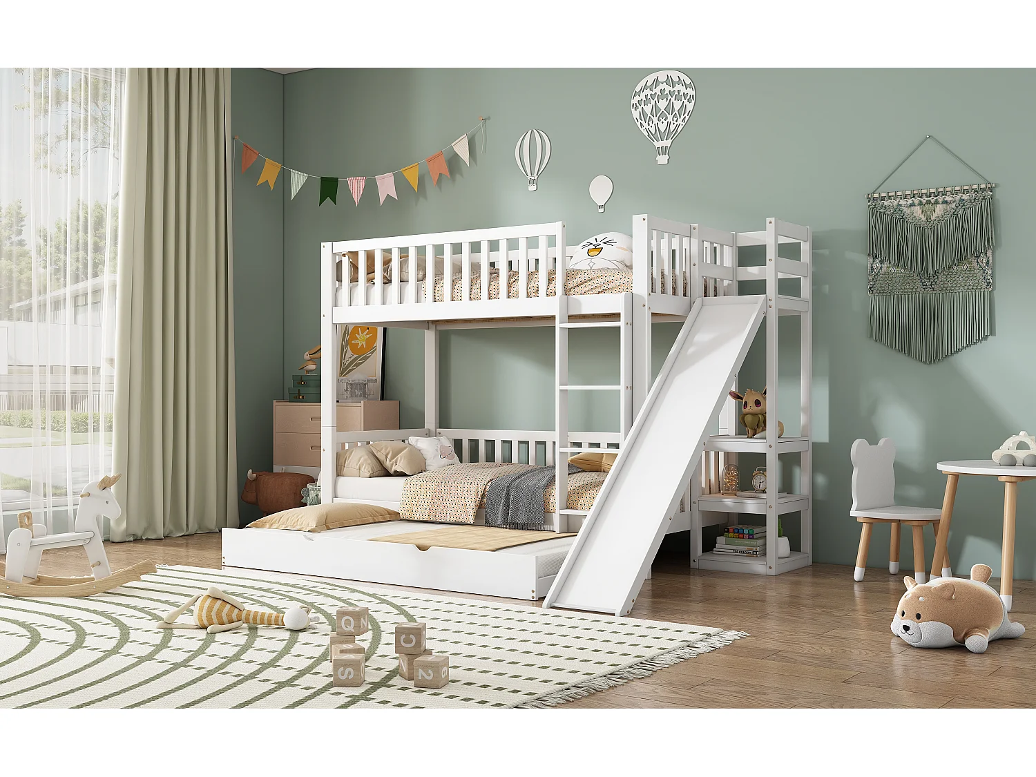 Letti a castello 2 x 90 x 200 cm + letto estraibile 90 x 190 cm - scivolo e ripiani - pino + MDF - colore bianco