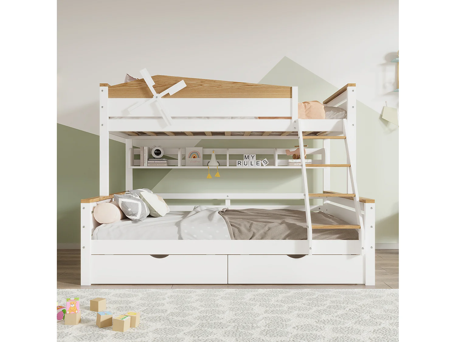 Lits superposés 2 x 90 x 200 cm + lit gigogne 90 x 190 cm - avec 2 grand tiroirs et tête de lit  - pin + MDF - coloris:  blanc + naturel