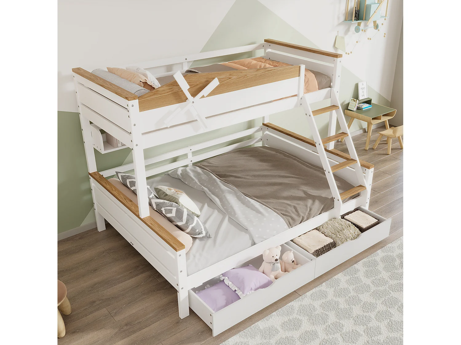 Lits superposés 2 x 90 x 200 cm + lit gigogne 90 x 190 cm - avec 2 grand tiroirs et tête de lit  - pin + MDF - coloris:  blanc + naturel