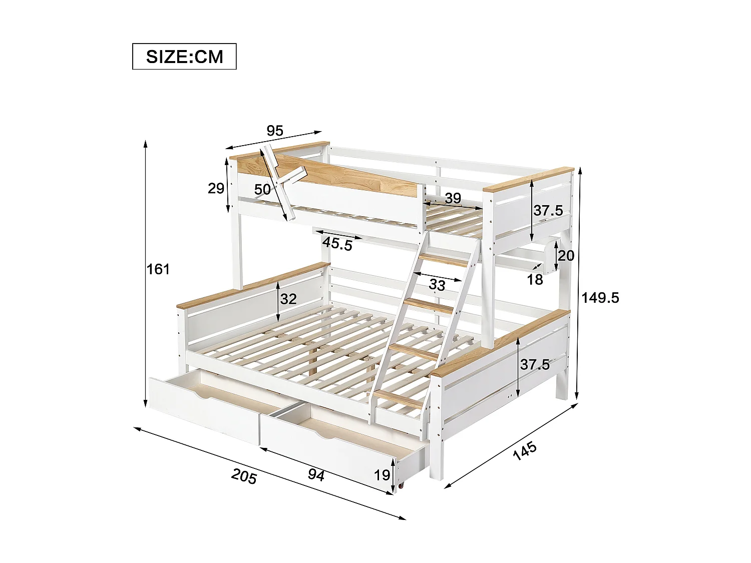 Lits superposés 2 x 90 x 200 cm + lit gigogne 90 x 190 cm - avec 2 grand tiroirs et tête de lit  - pin + MDF - coloris:  blanc + naturel