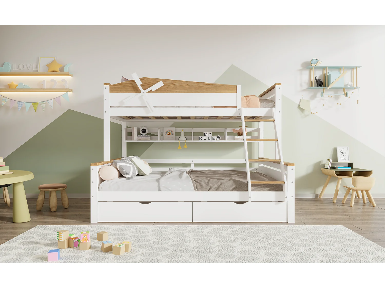 Lits superposés 2 x 90 x 200 cm + lit gigogne 90 x 190 cm - avec 2 grand tiroirs et tête de lit  - pin + MDF - coloris:  blanc + naturel