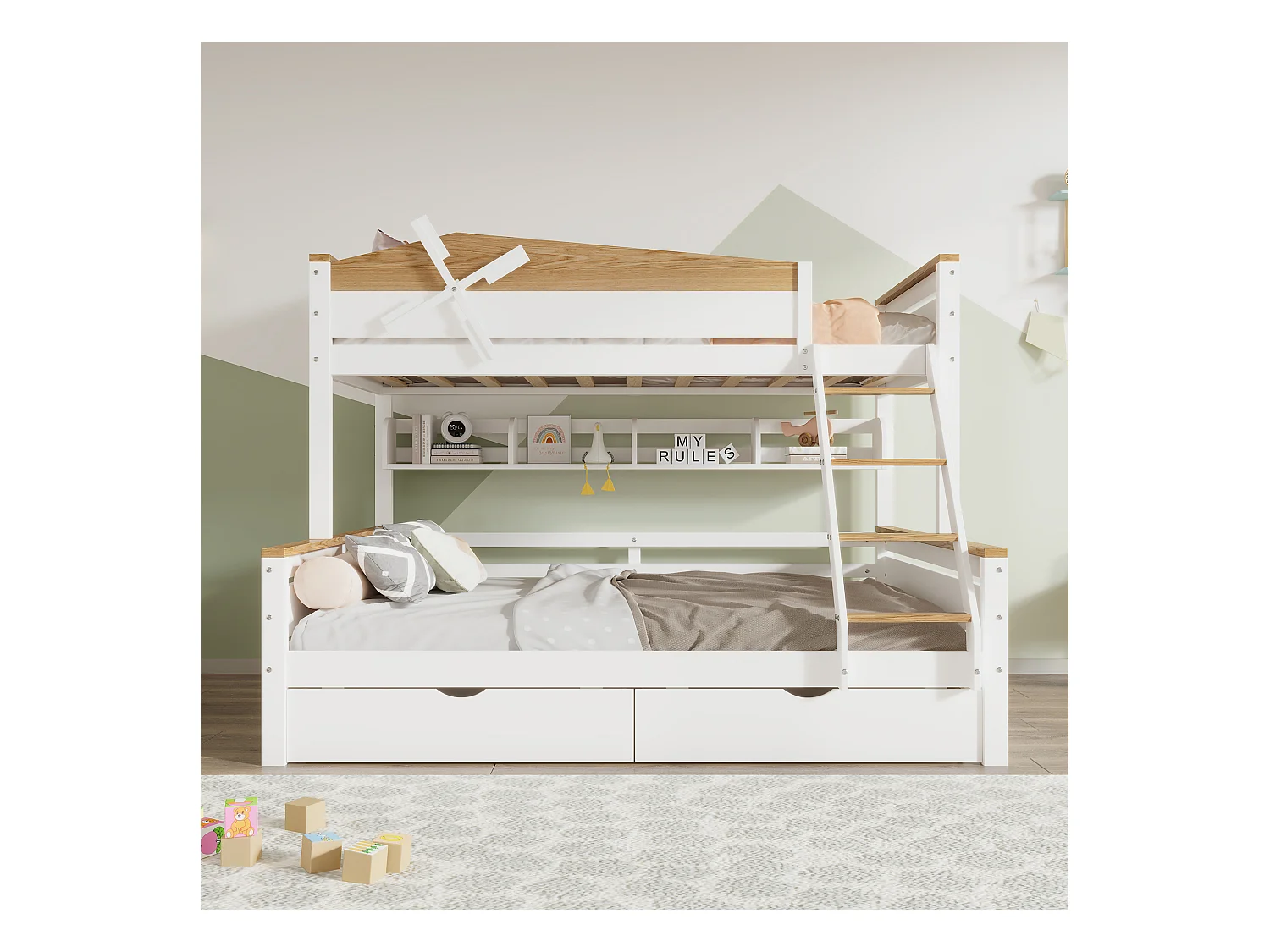 Lits superposés 2 x 90 x 200 cm + lit gigogne 90 x 190 cm - avec 2 grand tiroirs et tête de lit  - pin + MDF - coloris:  blanc + naturel