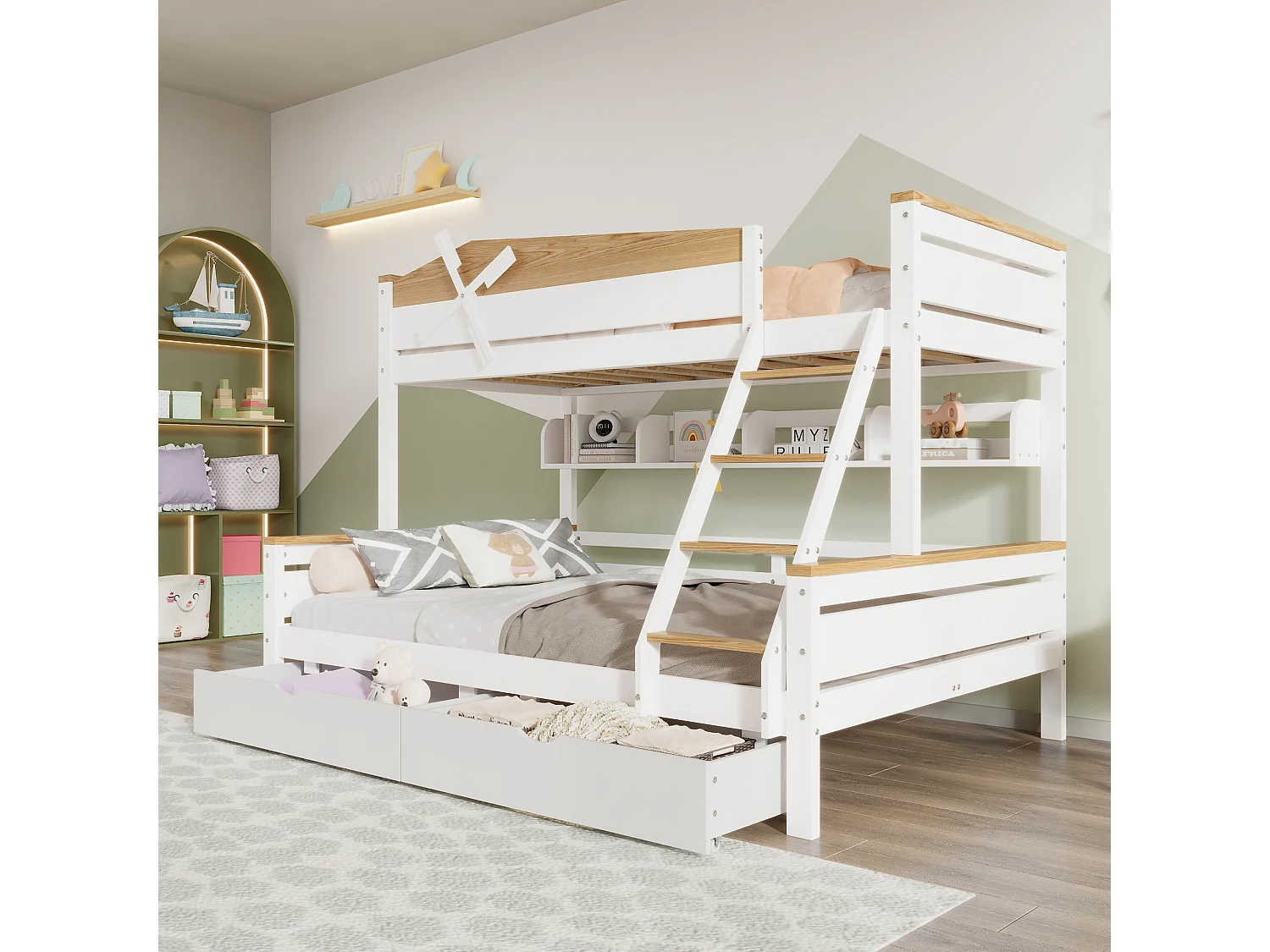 Łóżka piętrowe 2 x 90 x 200 cm + łóżko wysuwane 90 x 190 cm - z 2 dużymi szufladami i zagłówkiem - sosna + MDF - kolor: biały + naturalny