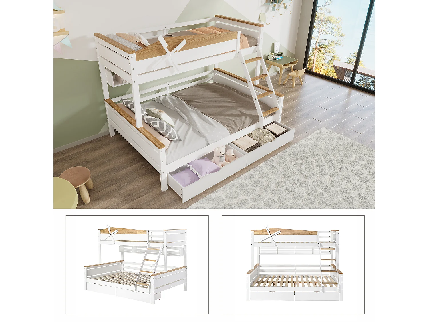 Łóżka piętrowe 2 x 90 x 200 cm + łóżko wysuwane 90 x 190 cm - z 2 dużymi szufladami i zagłówkiem - sosna + MDF - kolor: biały + naturalny