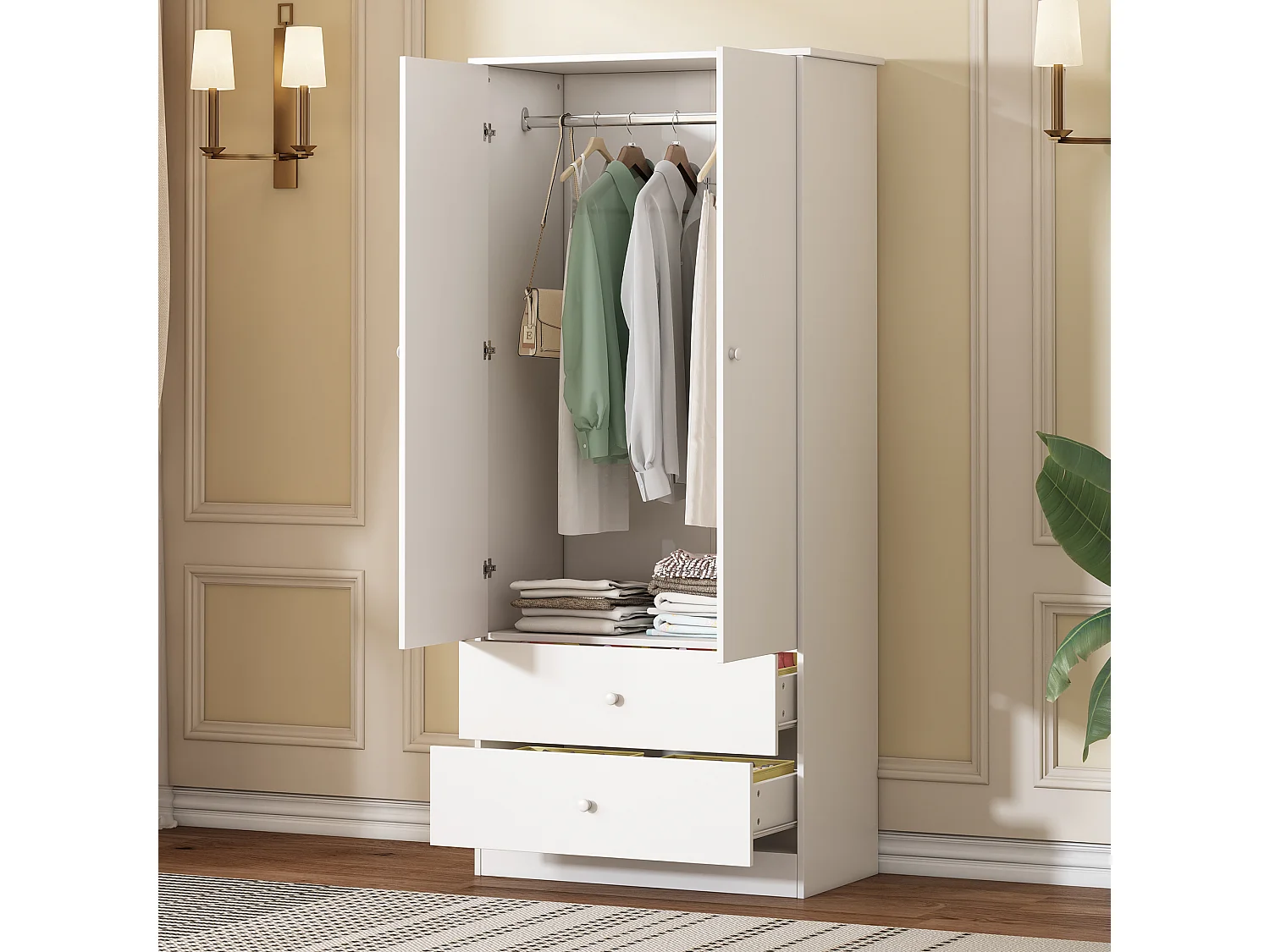 Kledingkast met 2 deuren en 2 laden - spaanplaat - 80 x 40 x 175 cm - kleur wit