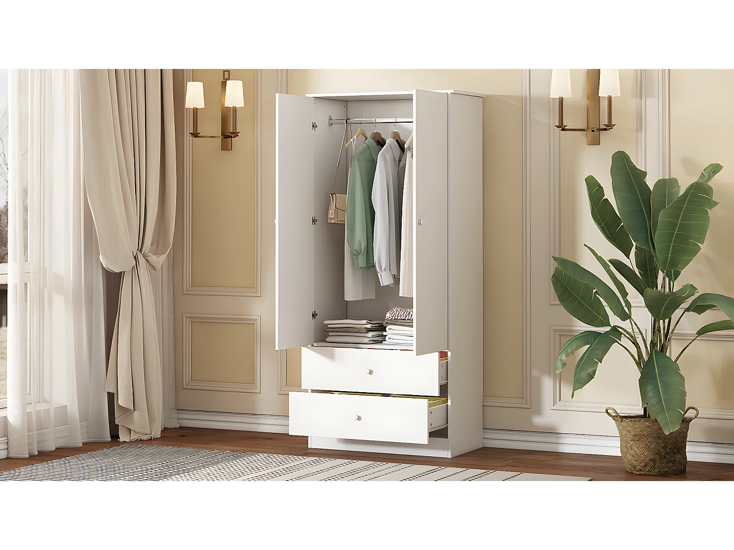 Kledingkast met 2 deuren en 2 laden - spaanplaat - 80 x 40 x 175 cm - kleur wit