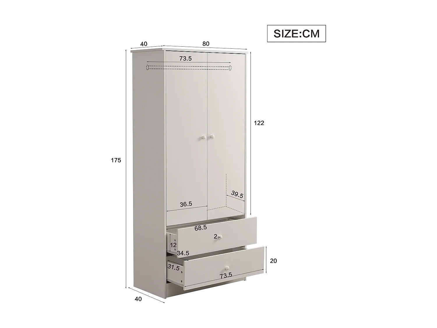 Kledingkast met 2 deuren en 2 laden - spaanplaat - 80 x 40 x 175 cm - kleur wit