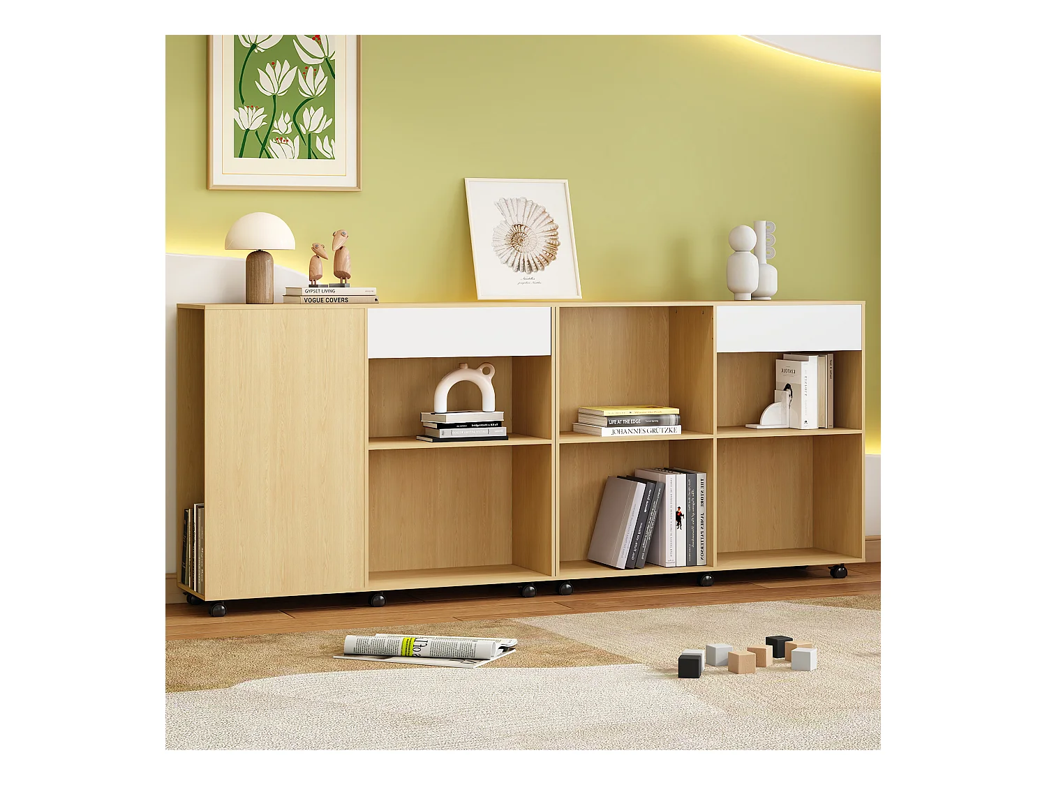 Armoires 2 pièces avec roulettes - MDF + panneaux de particules - coloris: blanc + chêne clair
