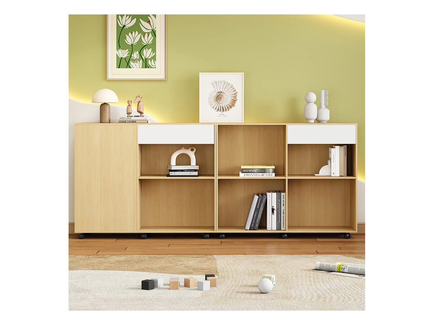 2-delige kasten met wielen - MDF + spaanplaat - kleur: wit + licht eiken