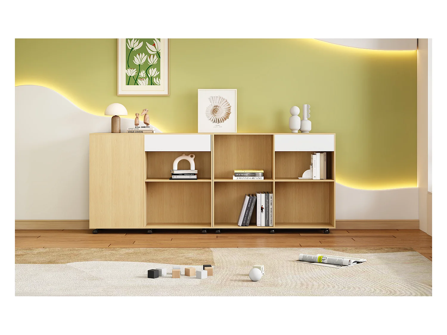 2-delige kasten met wielen - MDF + spaanplaat - kleur: wit + licht eiken