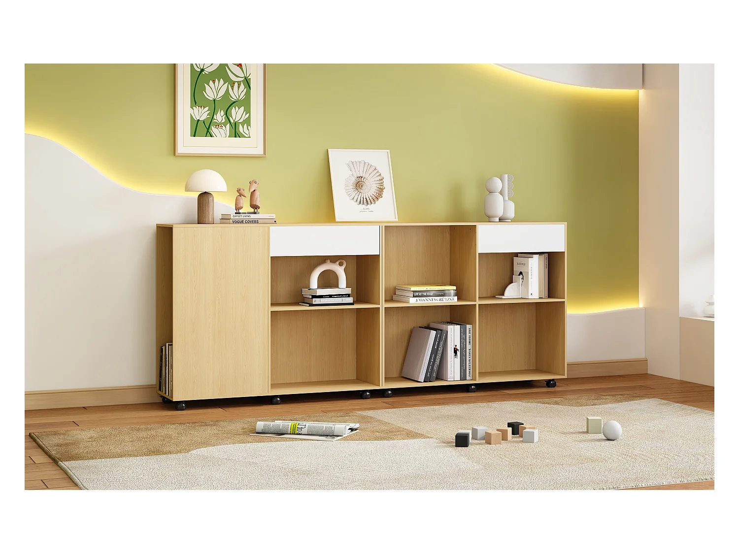 2-delige kasten met wielen - MDF + spaanplaat - kleur: wit + licht eiken