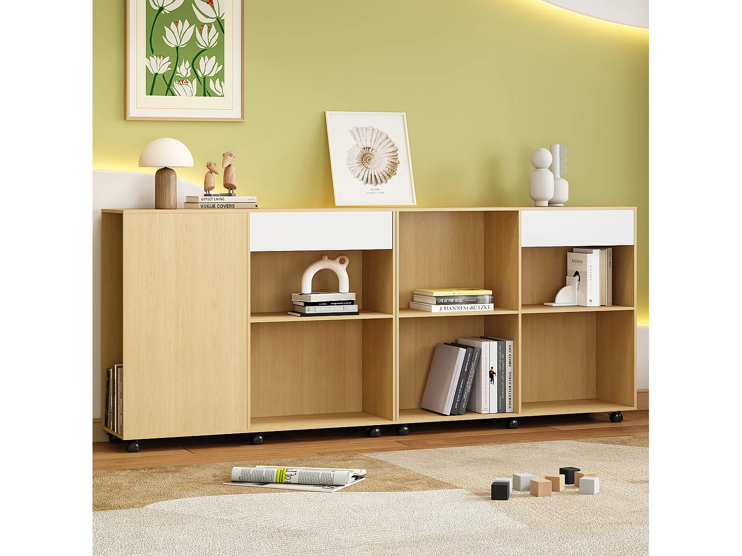 Armoires 2 pièces avec roulettes - MDF + panneaux de particules - coloris: blanc + chêne clair