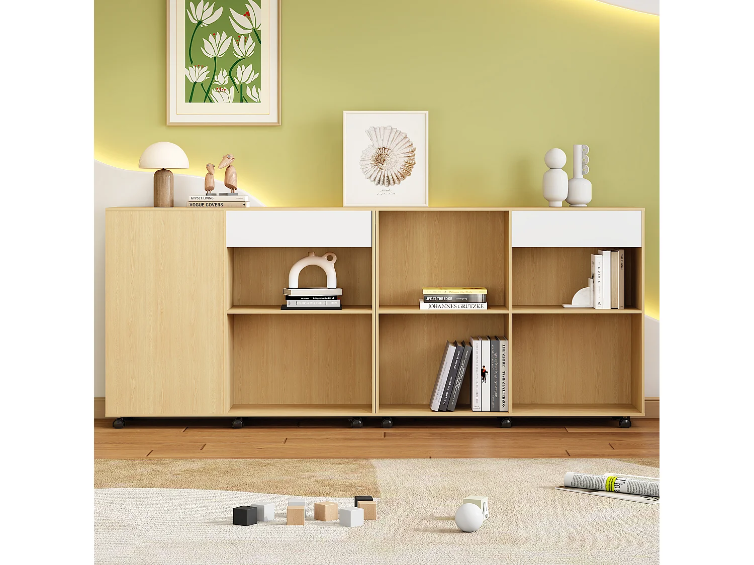 Armoires 2 pièces avec roulettes - MDF + panneaux de particules - coloris: blanc + chêne clair