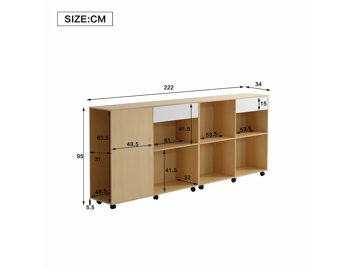 Armoires 2 pièces avec roulettes - MDF + panneaux de particules - coloris: blanc + chêne clair