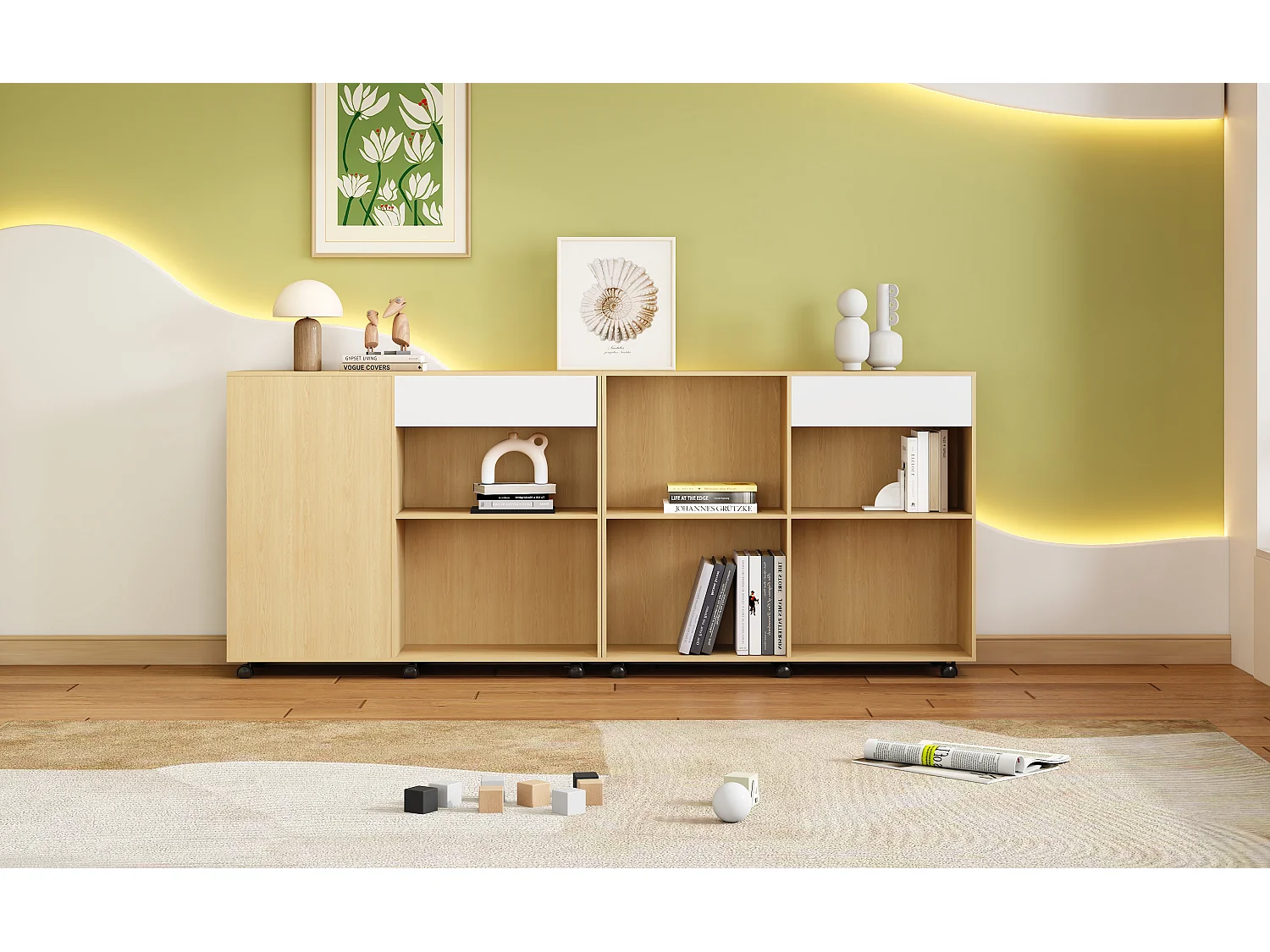 Armoires 2 pièces avec roulettes - MDF + panneaux de particules - coloris: blanc + chêne clair