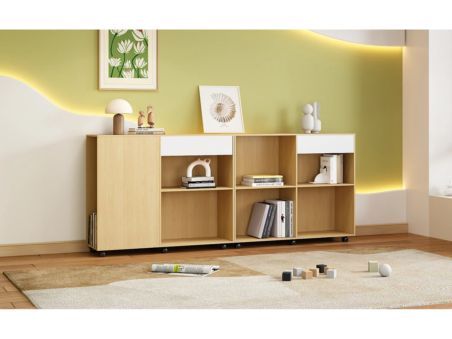 Armoires 2 pièces avec roulettes - MDF + panneaux de particules - coloris: blanc + chêne clair